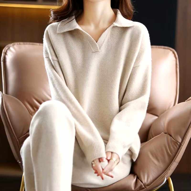 Karen - Women's Polo Collar Cashmere Matching Set