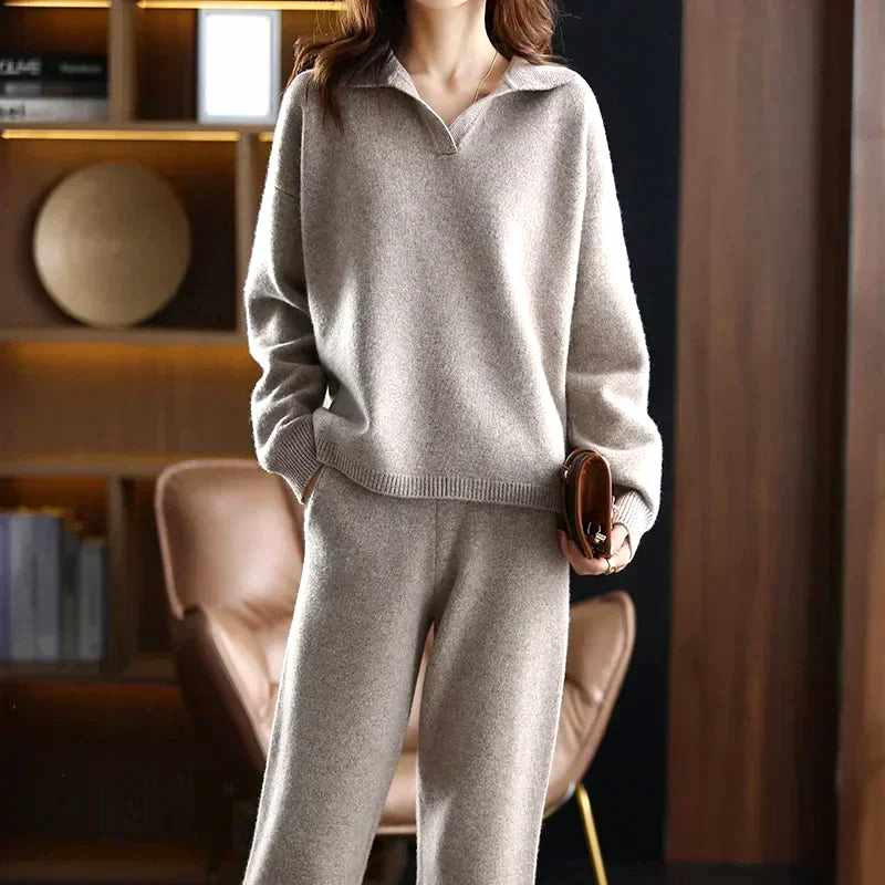 Karen - Women's Polo Collar Cashmere Matching Set