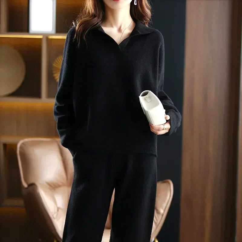 Karen - Women's Polo Collar Cashmere Matching Set