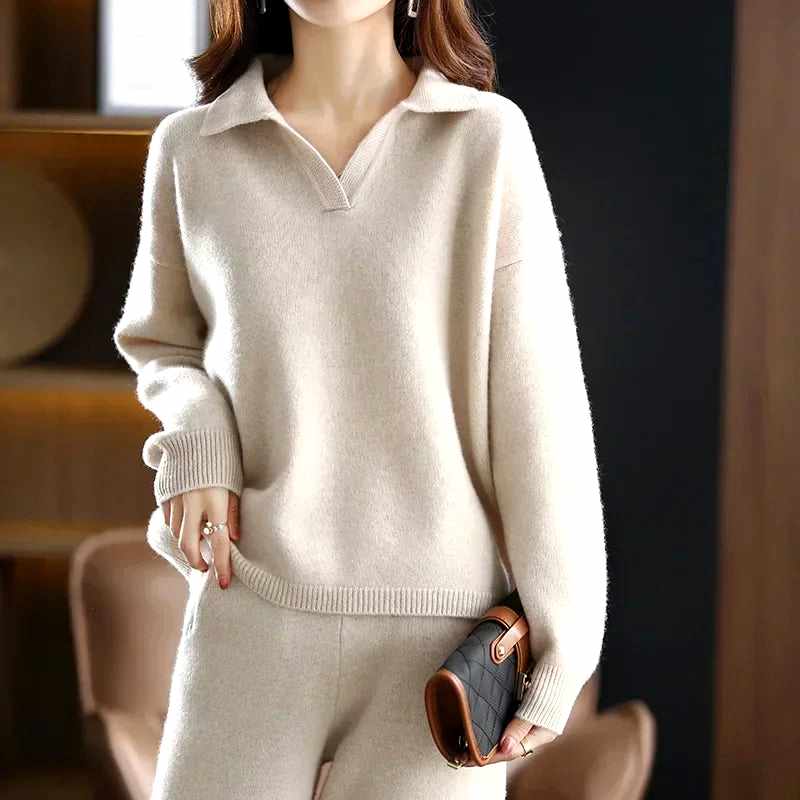 Karen - Women's Polo Collar Cashmere Matching Set