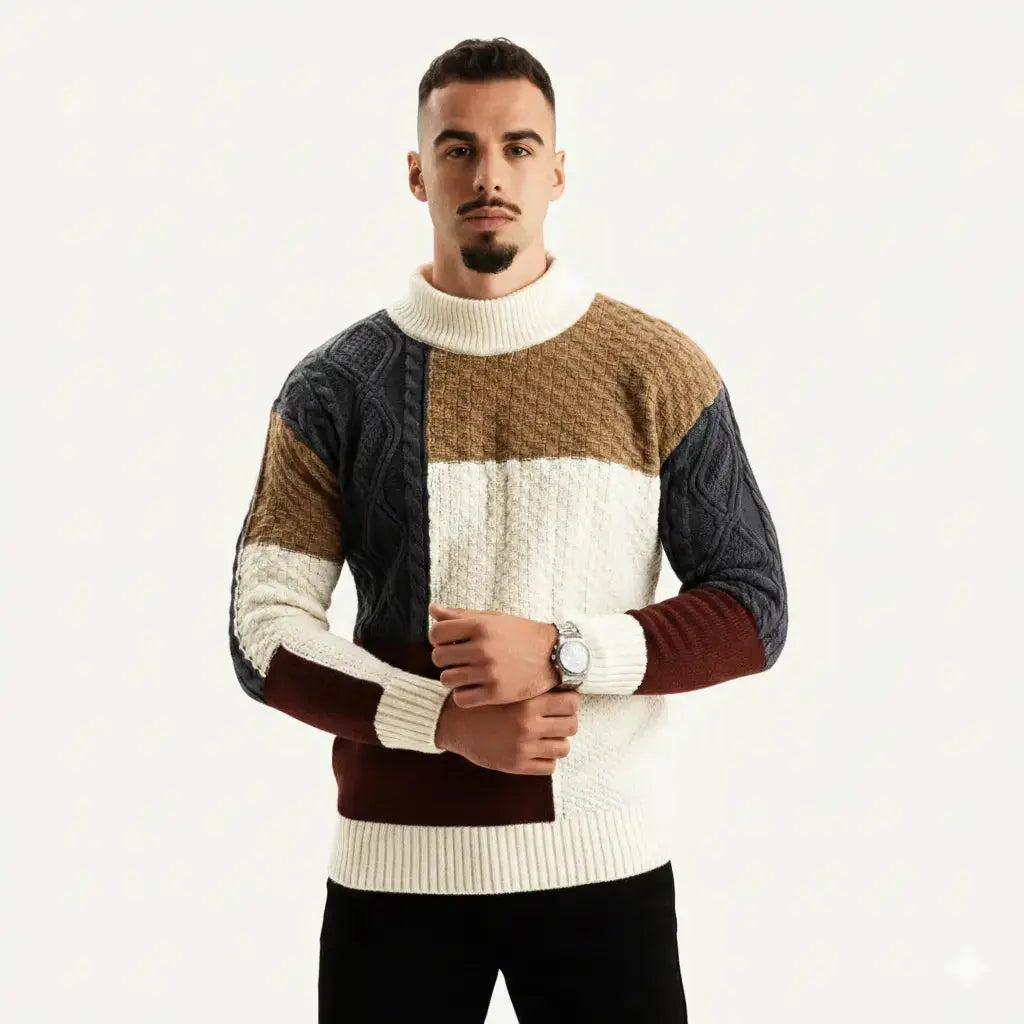 Kaveh - Men's Color-Block Crewneck Sweater with Textured Patchwork