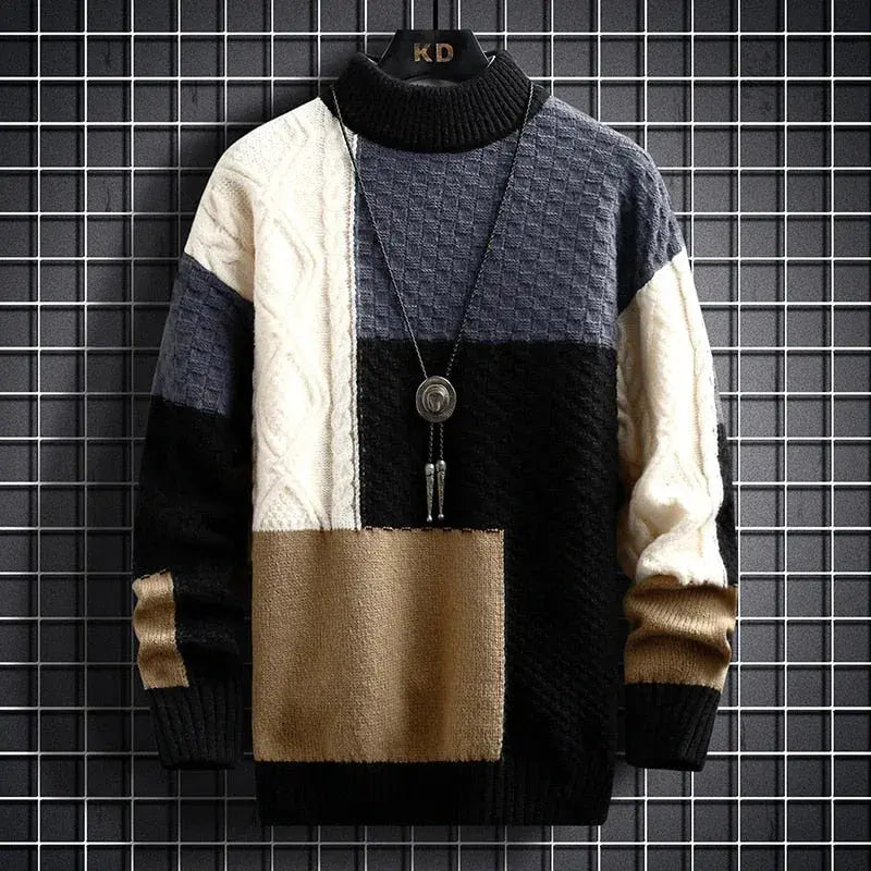 Kaveh - Men's Color-Block Crewneck Sweater with Textured Patchwork