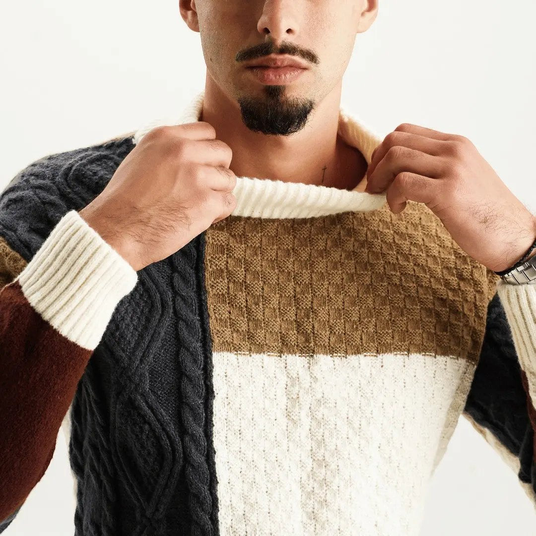 Kaveh - Men's Color-Block Crewneck Sweater with Textured Patchwork