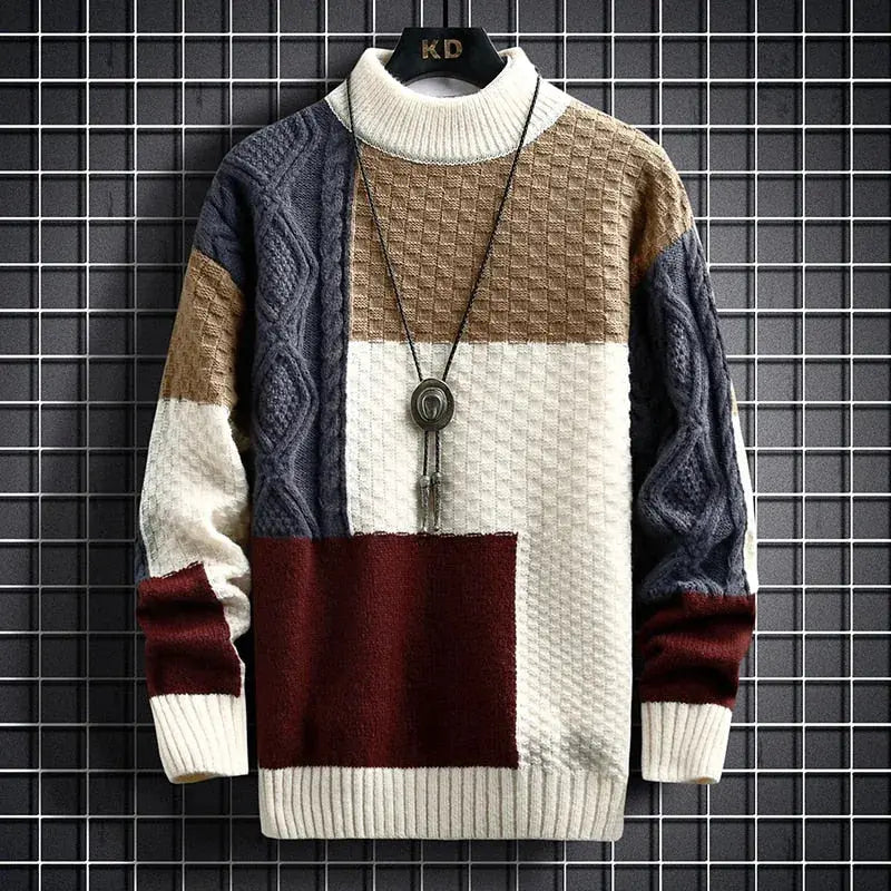 Kaveh - Men's Color-Block Crewneck Sweater with Textured Patchwork