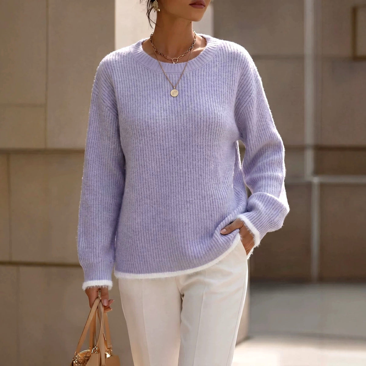 Kenza - Women's Ribbed Crew Neck Knit Sweater 2