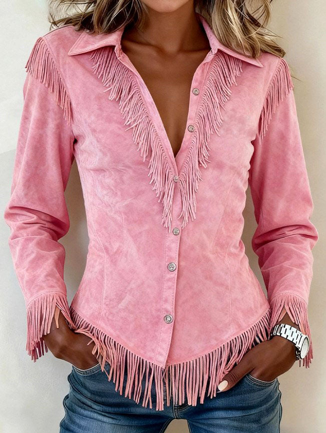 Kinsley - Women's Faux Suede Fringe Western Long Sleeve Shirt