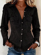 Kinsley - Women's Faux Suede Fringe Western Long Sleeve Shirt