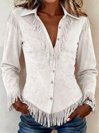 Kinsley - Women's Faux Suede Fringe Western Long Sleeve Shirt