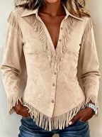 Kinsley - Women's Faux Suede Fringe Western Long Sleeve Shirt