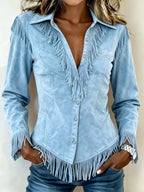 Kinsley - Women's Faux Suede Fringe Western Long Sleeve Shirt