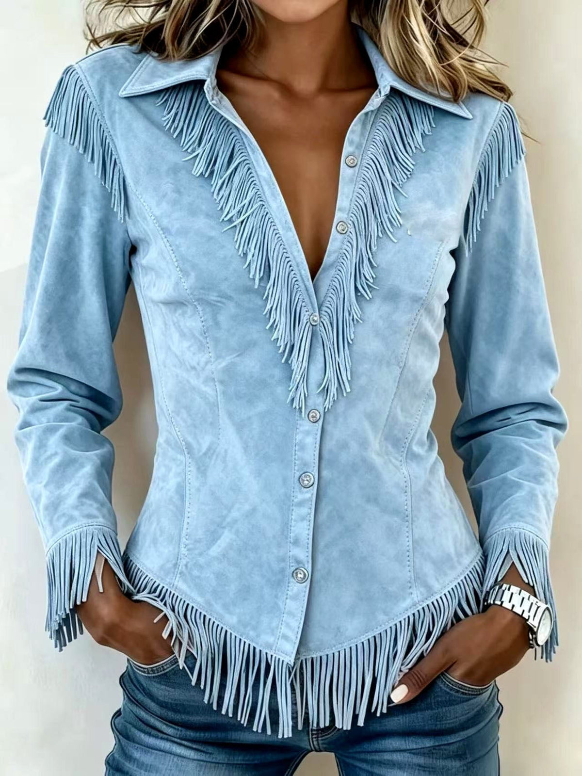 Kinsley - Women's Faux Suede Fringe Western Long Sleeve Shirt