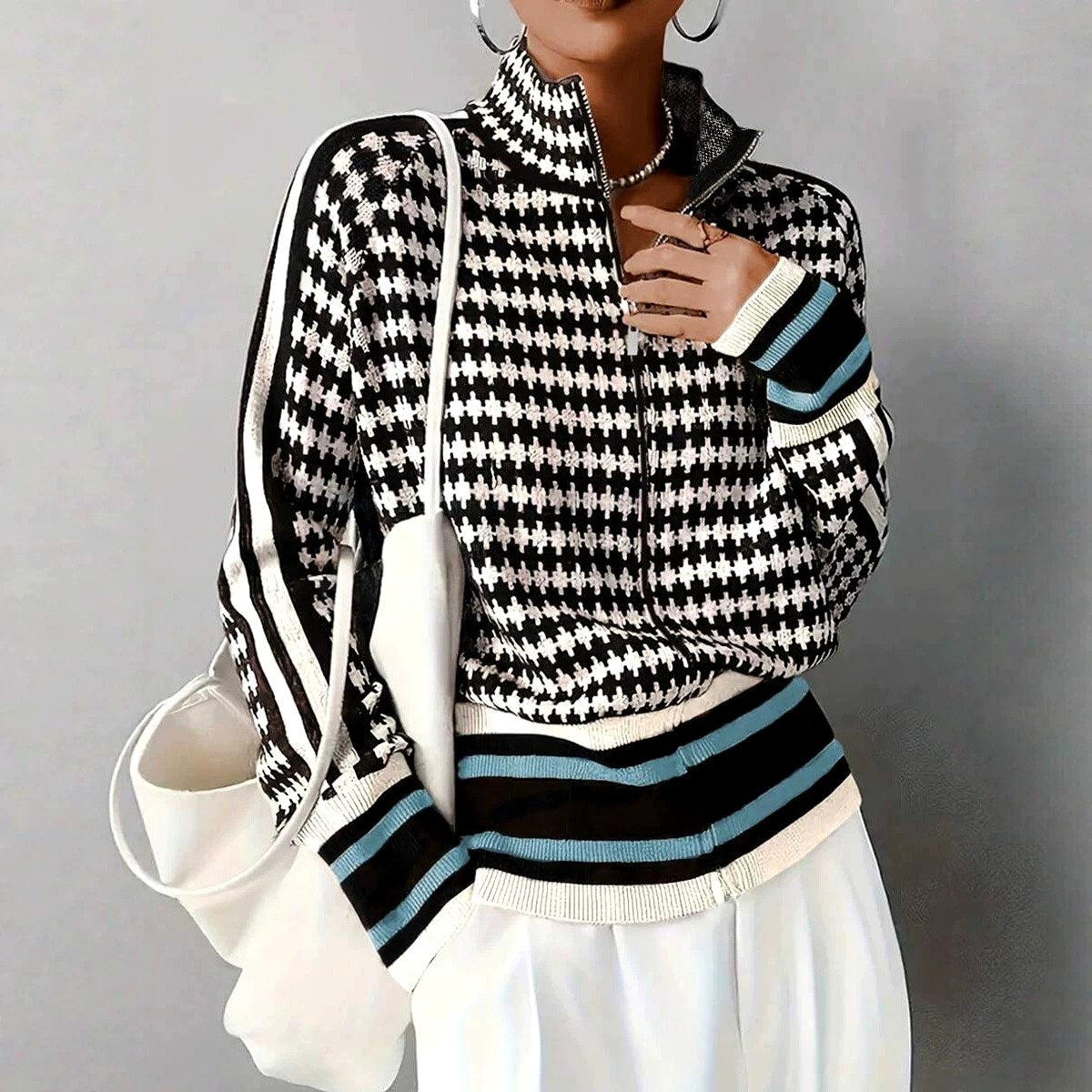Kristen - Women's Houndstooth Zip-Front Cardigan 3