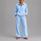 Kristin - Women's Half-Zip Polo Sweatshirt & Wide-Leg Pants Set 4