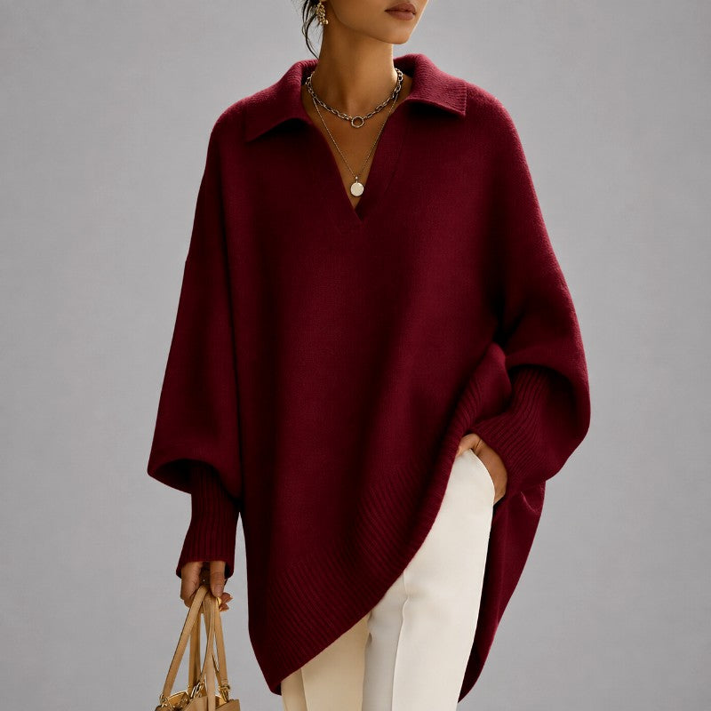 Leslie - Women's V-Neck Collared Poncho Knit Sweater 1