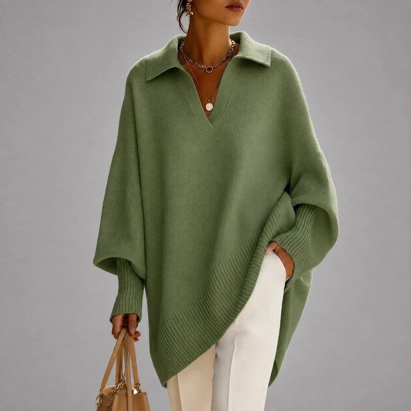 Leslie - Women's V-Neck Collared Poncho Knit Sweater 2