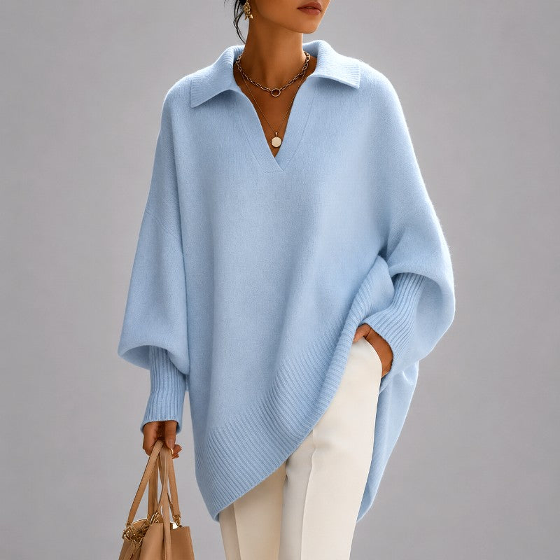 Leslie - Women's V-Neck Collared Poncho Knit Sweater 3
