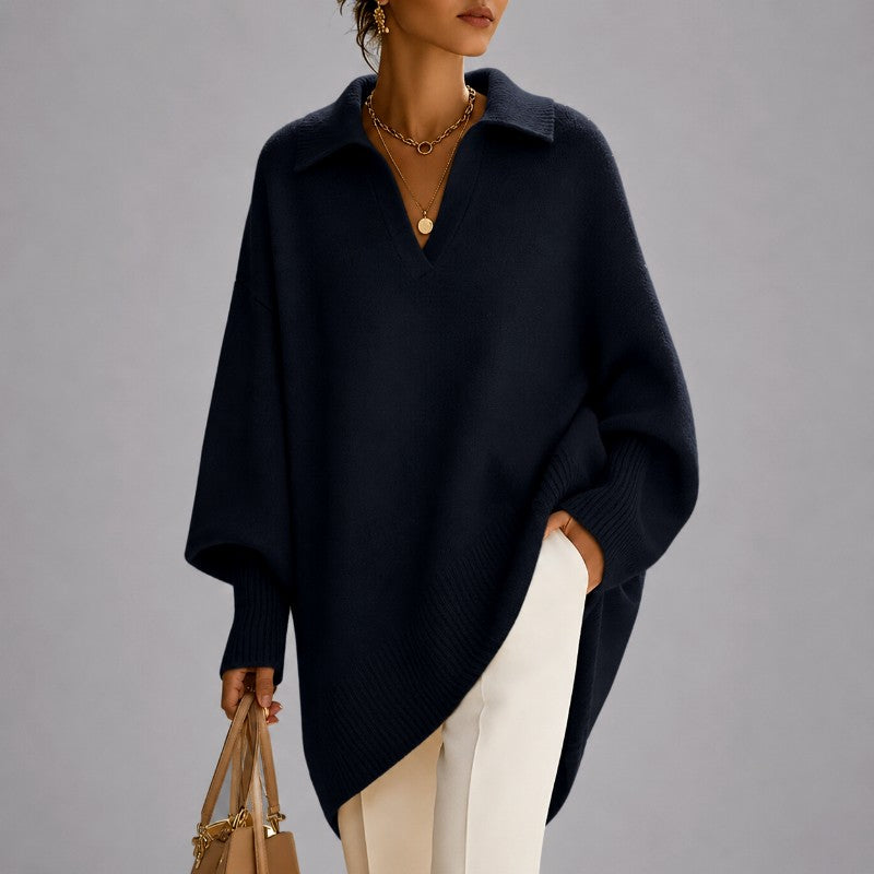Leslie - Women's V-Neck Collared Poncho Knit Sweater 4