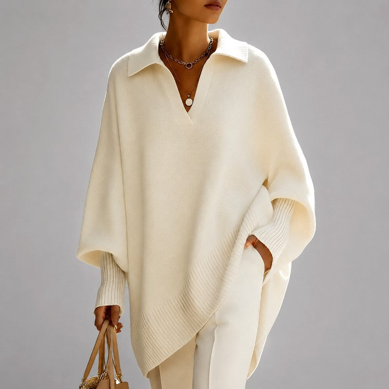 Leslie - Women's V-Neck Collared Poncho Knit Sweater 5