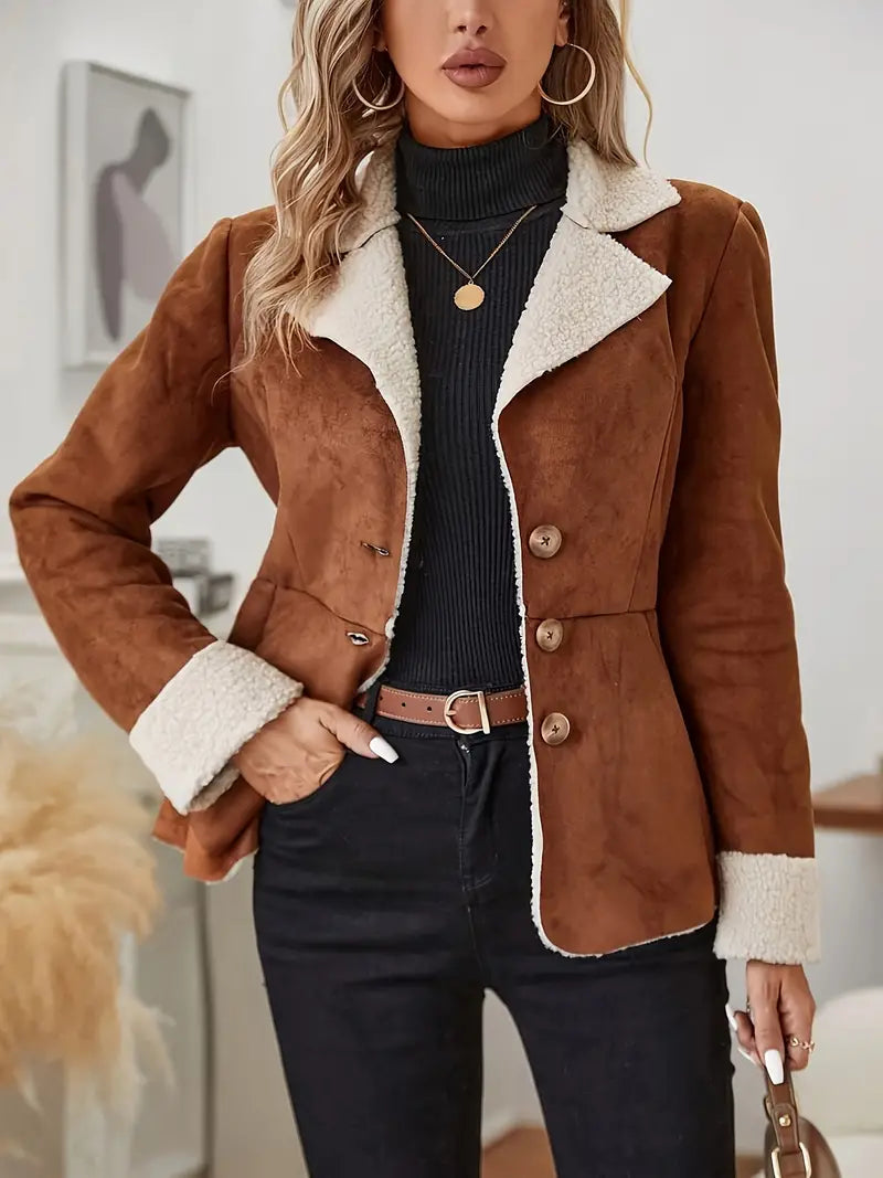 Marguerite - Women's Suede Blazer with Sherpa Collar and Cuff Trim