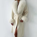 Marlena - Women's Belted Longline Coat with Faux Fur Collar