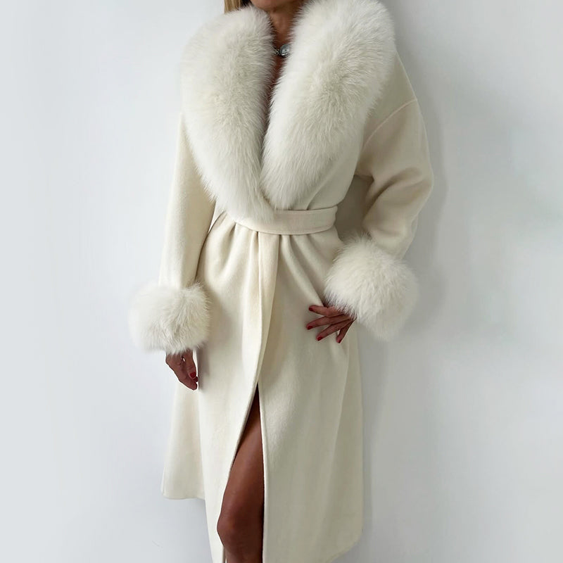 Marlena - Women's Belted Longline Coat with Faux Fur Collar
