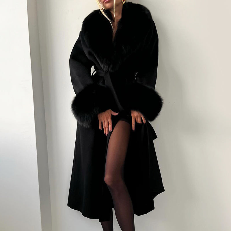 Marlena - Women's Belted Longline Coat with Faux Fur Collar