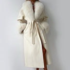 Marlena - Women's Belted Longline Coat with Faux Fur Collar