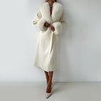 Marlena - Women's Belted Longline Coat with Faux Fur Collar