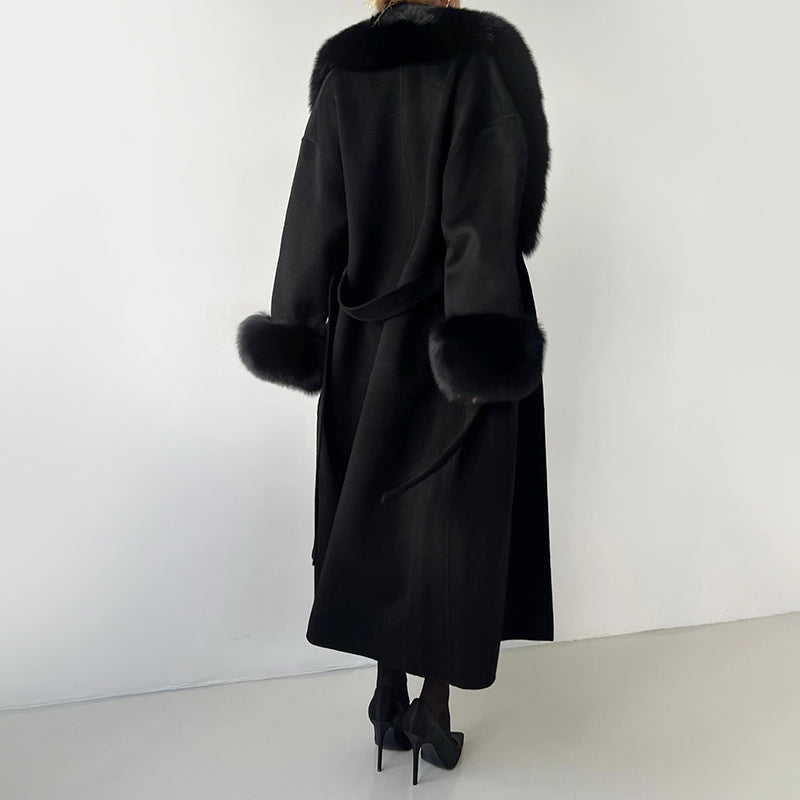 Marlena - Women's Belted Longline Coat with Faux Fur Collar