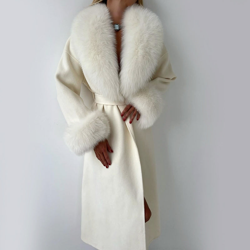 Marlena - Women's Belted Longline Coat with Faux Fur Collar