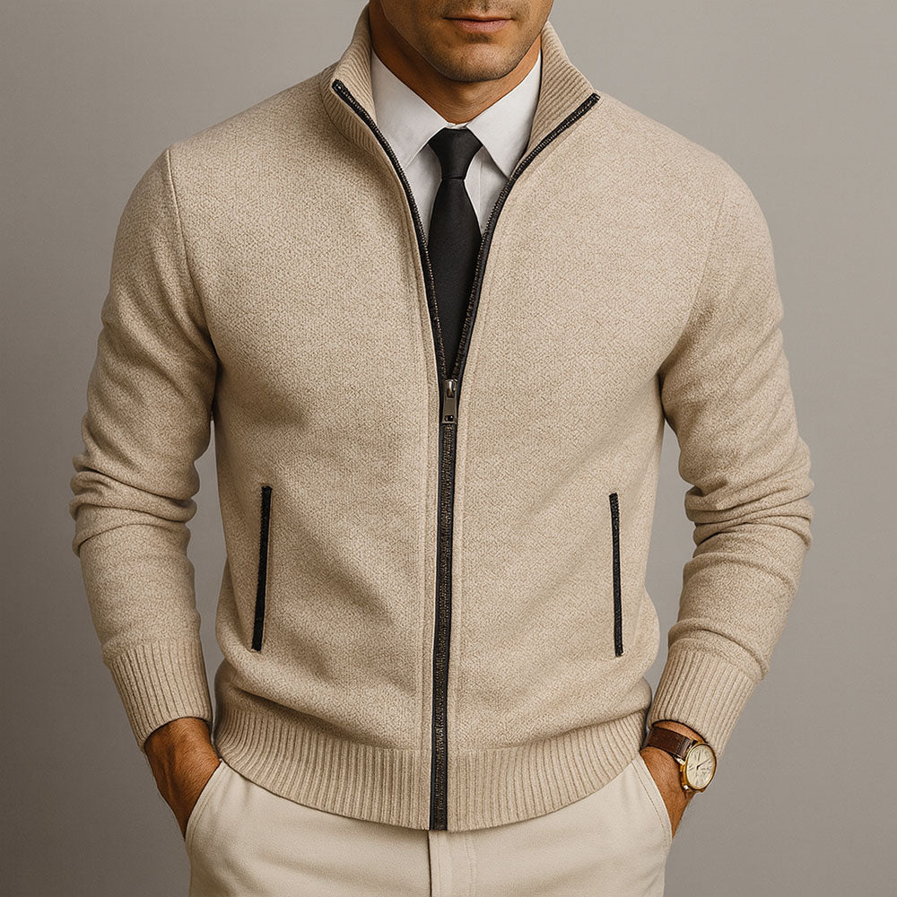 Matthias - Men's Zip-Front Wool Cardigan with Ribbed Cuffs