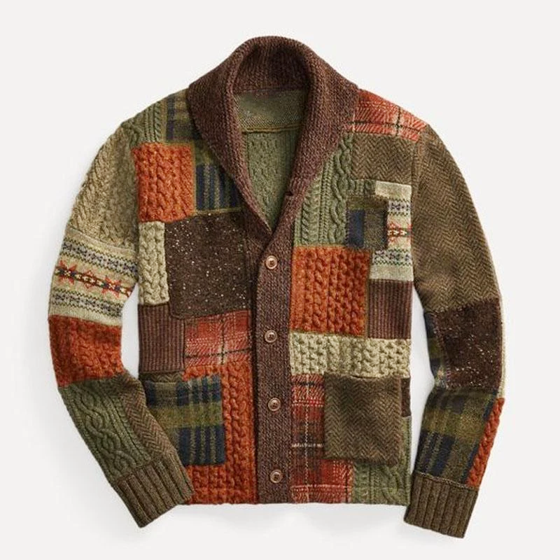 Maxwell - Men's Patchwork Cable-Knit Cardigan with Shawl Collar