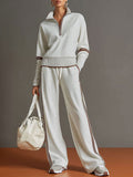 Mia - Women's Half-Zip Sweatshirt and Wide-Leg Pants Set with Striped Webbing