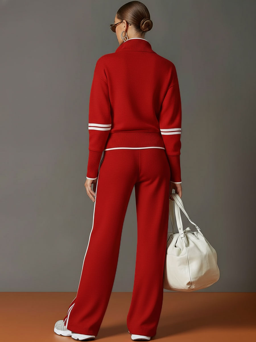 Mia - Women's Half-Zip Sweatshirt and Wide-Leg Pants Set with Striped Webbing