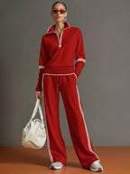 Mia - Women's Half-Zip Sweatshirt and Wide-Leg Pants Set with Striped Webbing
