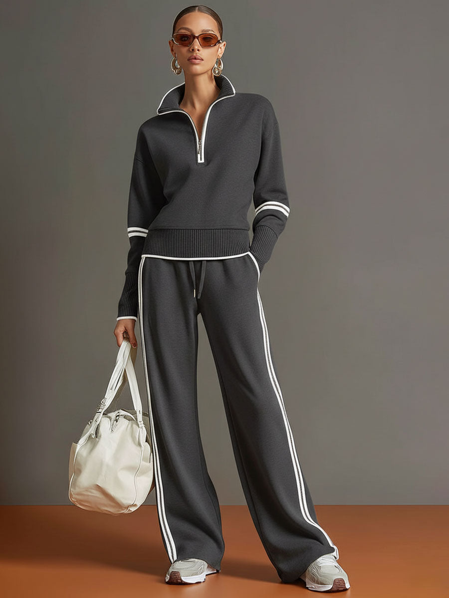 Mia - Women's Half-Zip Sweatshirt and Wide-Leg Pants Set with Striped Webbing