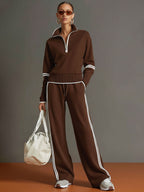Mia - Women's Half-Zip Sweatshirt and Wide-Leg Pants Set with Striped Webbing