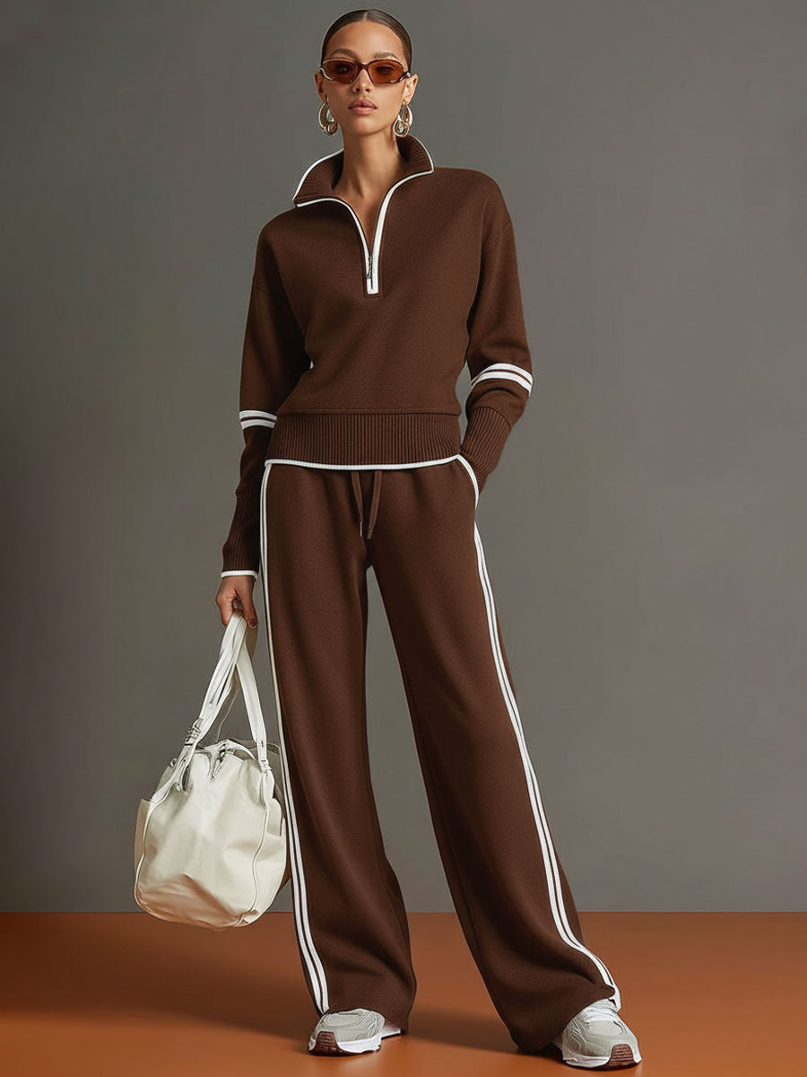 Mia - Women's Half-Zip Sweatshirt and Wide-Leg Pants Set with Striped Webbing