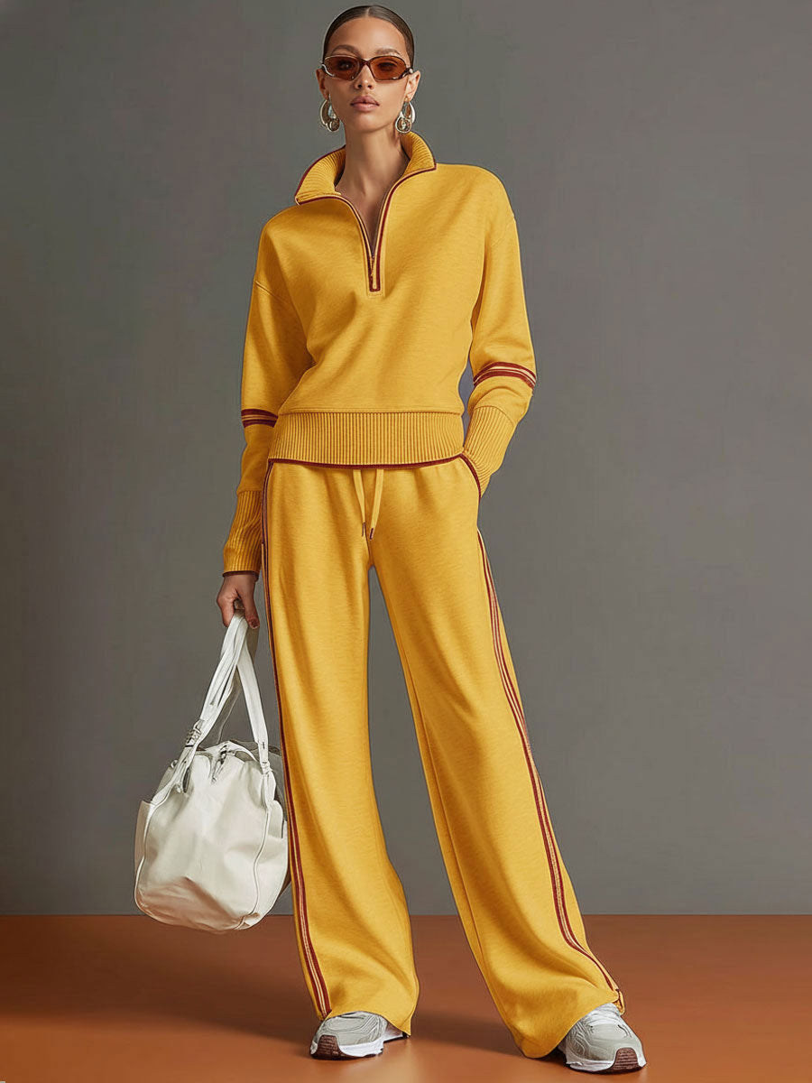 Mia - Women's Half-Zip Sweatshirt and Wide-Leg Pants Set with Striped Webbing