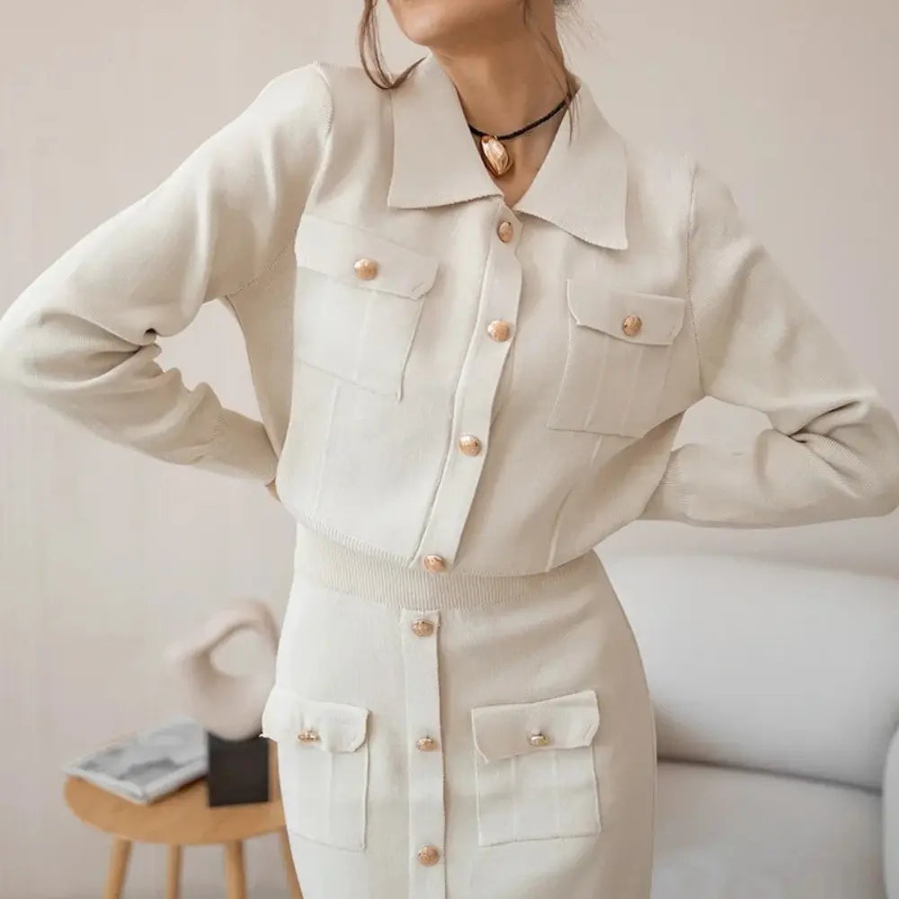 Rhian - Women's Button-Front Knit Blazer and Skirt Set