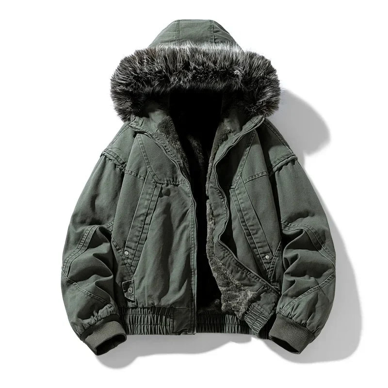 River - Men's Fleece-Lined Cargo Jacket with Faux Fur Hood