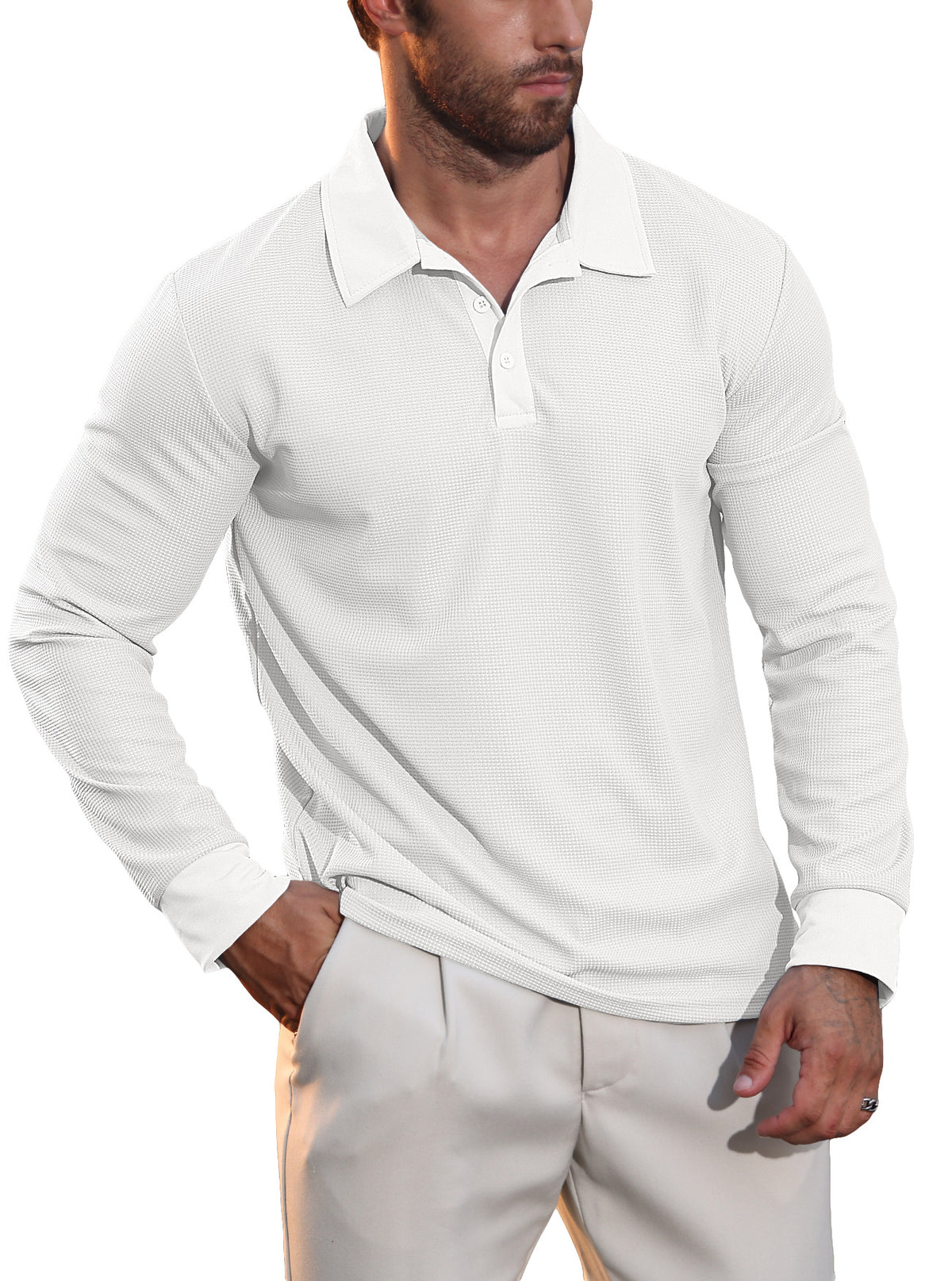 Robert - Men's Waffle Knit Long-Sleeve Polo Fall Shirt 1