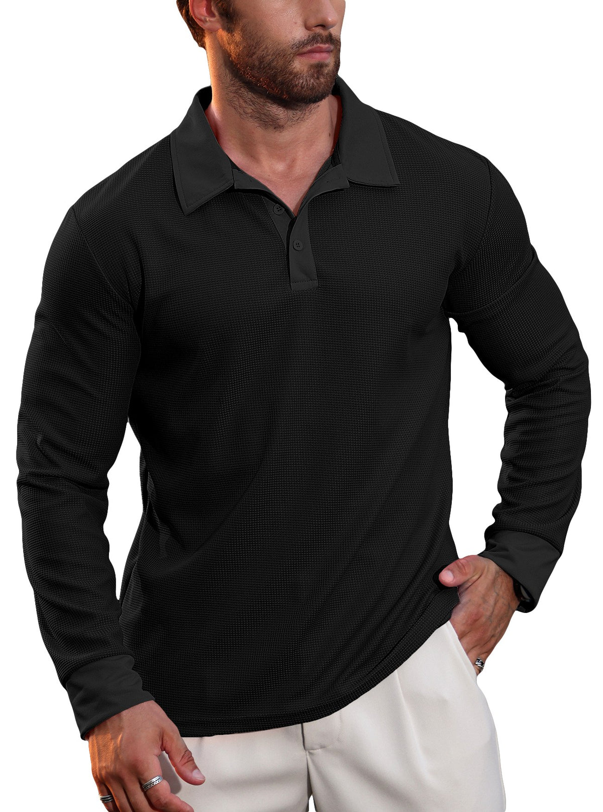 Robert - Men's Waffle Knit Long-Sleeve Polo Fall Shirt 2