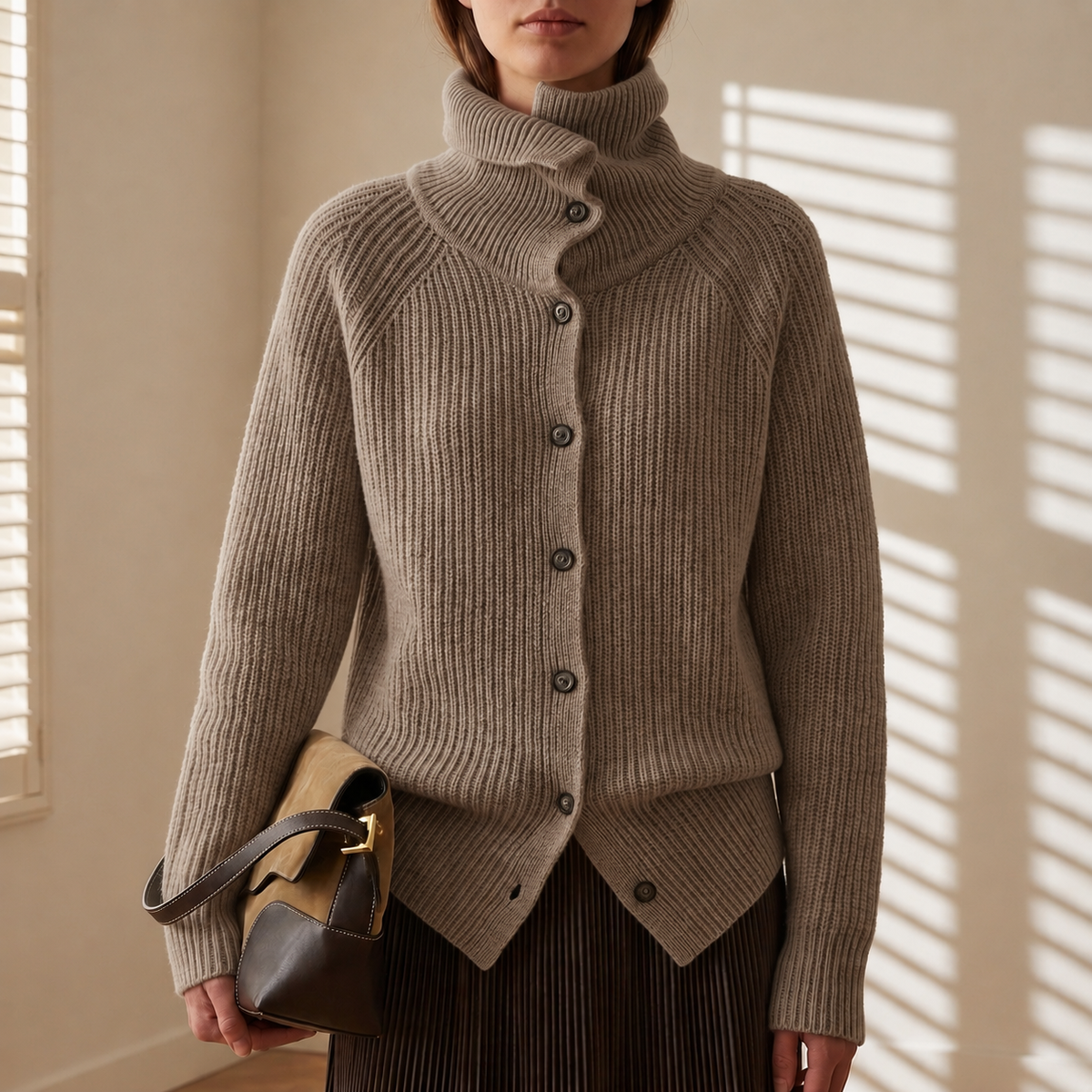 Rylee - Women's Ribbed Button-Front Cardigan with Turtleneck