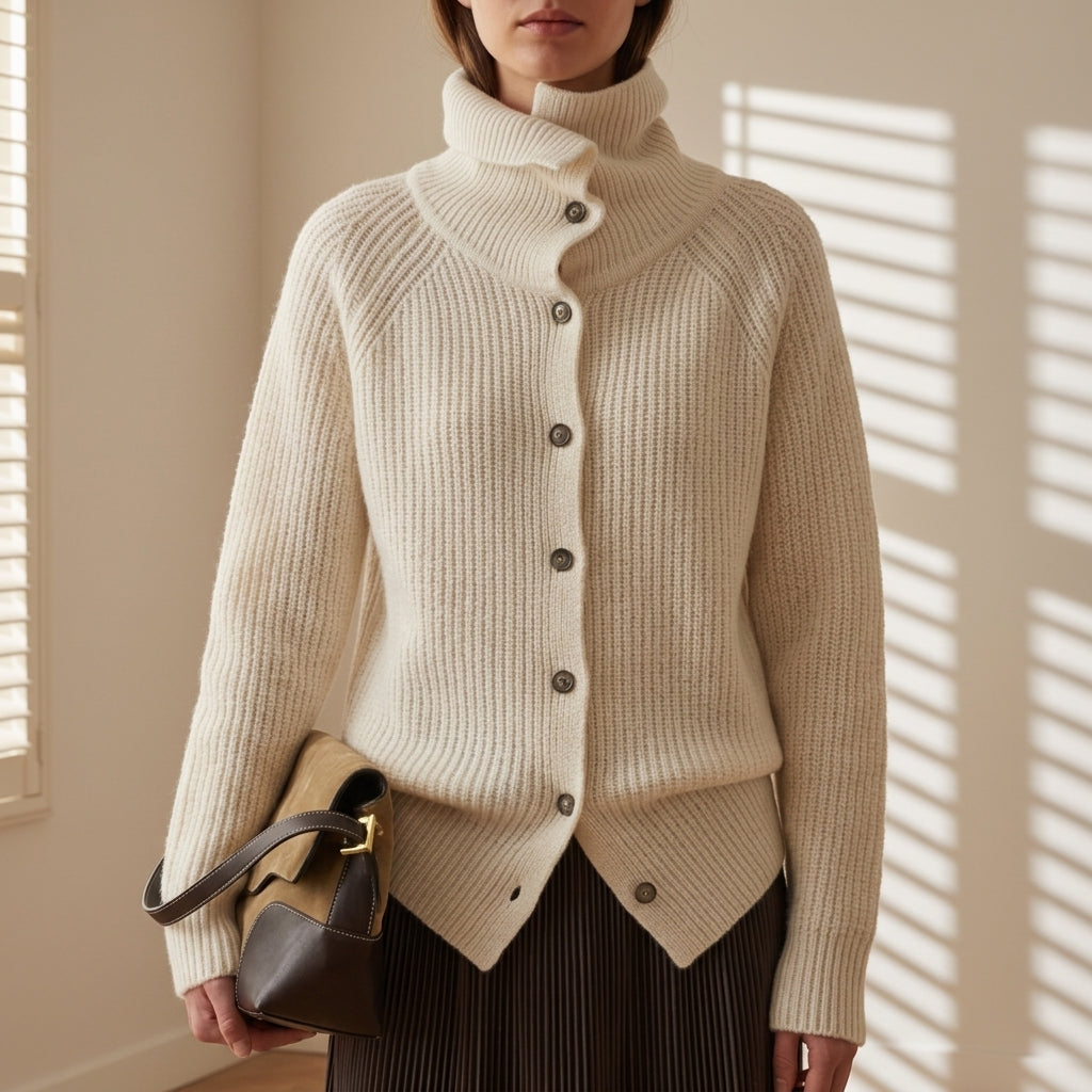 Rylee - Women's Ribbed Button-Front Cardigan with Turtleneck