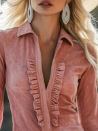 Samantha - Women's Ruffle-Front Suede Shirt with Long Sleeves