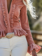 Samantha - Women's Ruffle-Front Suede Shirt with Long Sleeves