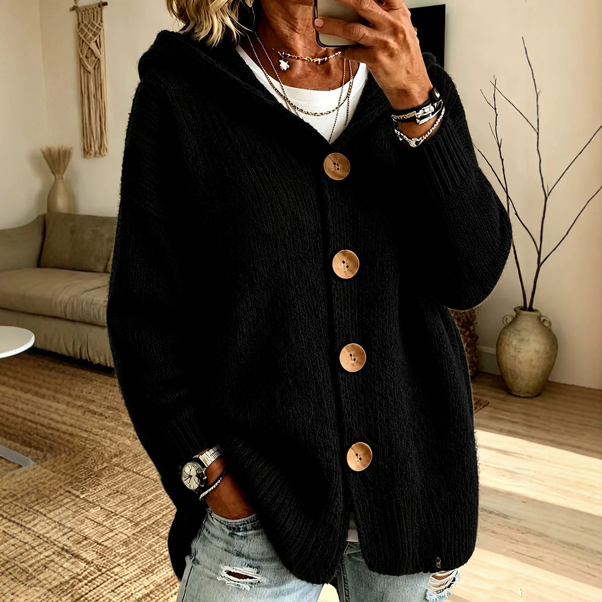 Valerie - Women's Chunky Oversized Button-Front Hooded Cardigan 1