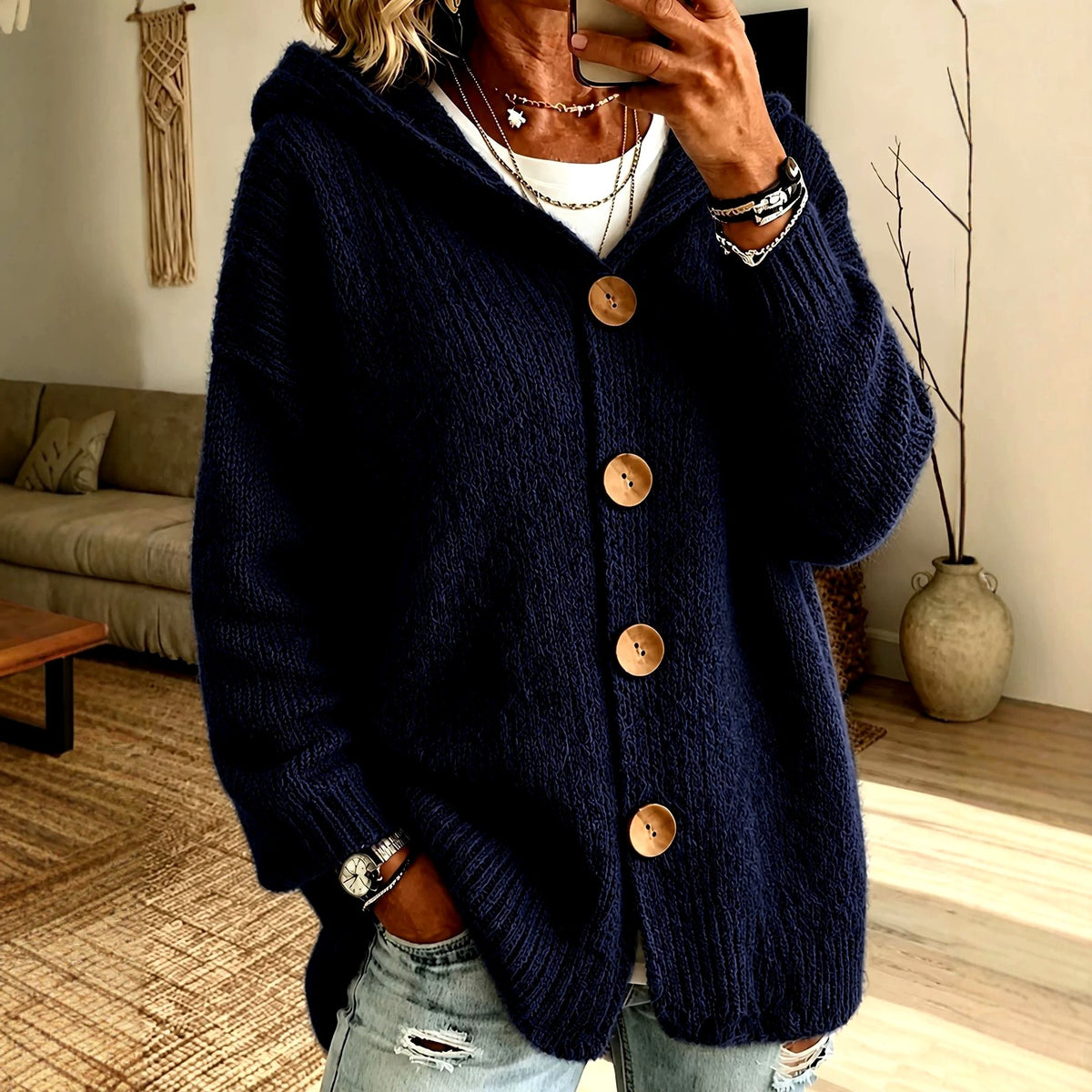 Valerie - Women's Chunky Oversized Button-Front Hooded Cardigan 3