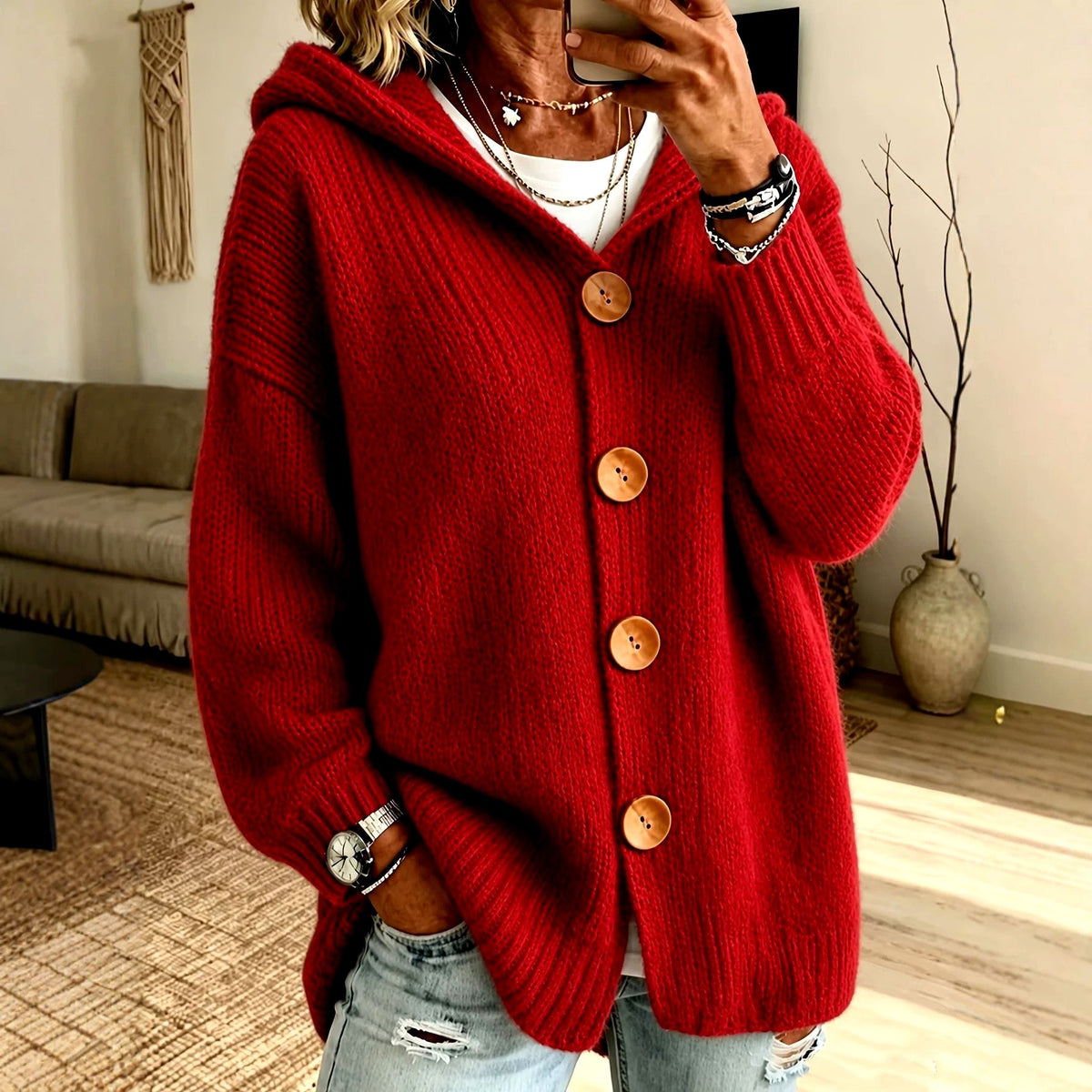 Valerie - Women's Chunky Oversized Button-Front Hooded Cardigan 4